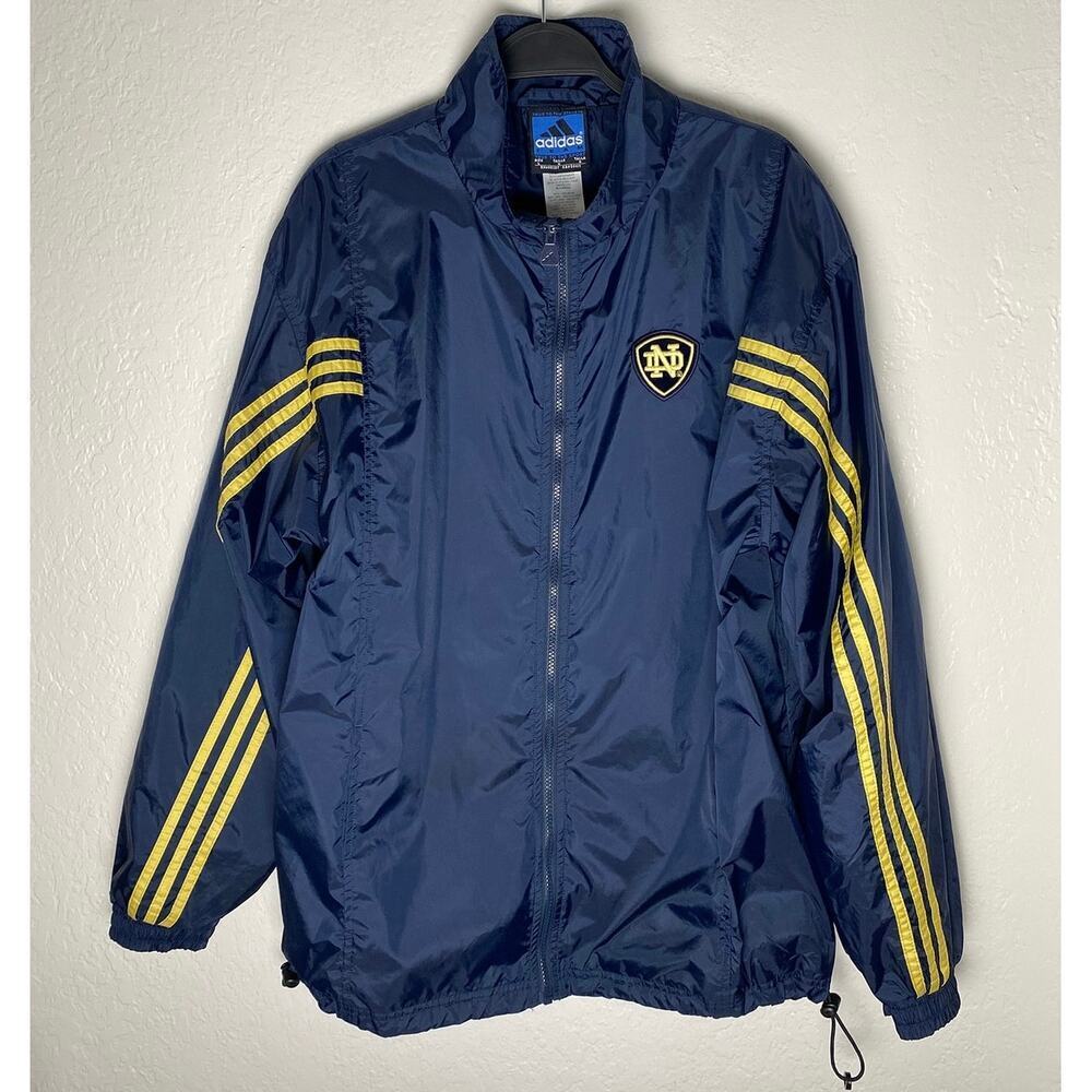 Adidas Men's Blue Windbreaker Jacket Gold Notre Dame Letters/Stripes ND Patch